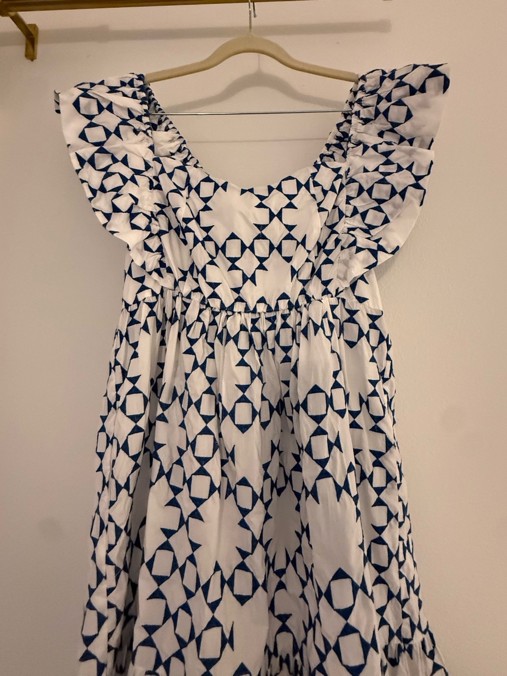 White and Navy Geometric Ruffle Dress